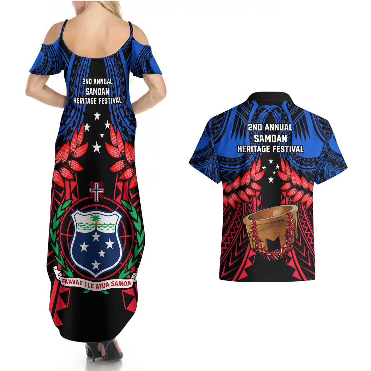 Samoa Couples Matching Summer Maxi Dress and Hawaiian Shirt Heritage Festival Samoan Tattoo With Ula Fala Kava Bowl - Wonder Print Shop