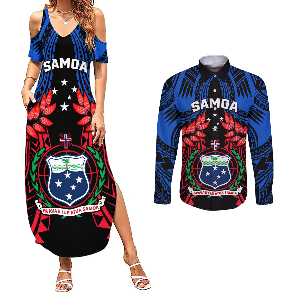 Samoa Couples Matching Summer Maxi Dress and Long Sleeve Button Shirts Heritage Festival Samoan Tattoo With Ula Fala Kava Bowl - Wonder Print Shop