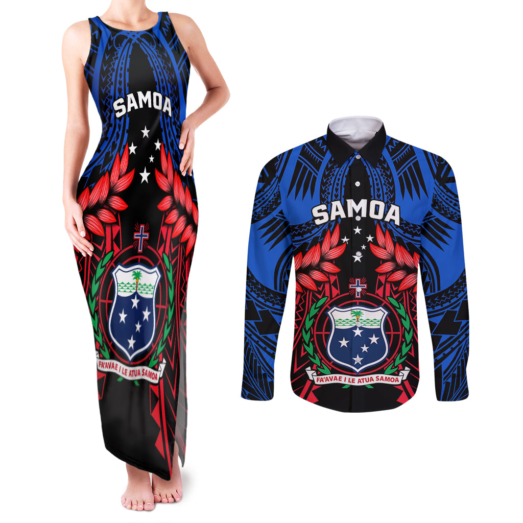 Samoa Couples Matching Tank Maxi Dress and Long Sleeve Button Shirts Heritage Festival Samoan Tattoo With Ula Fala Kava Bowl - Wonder Print Shop
