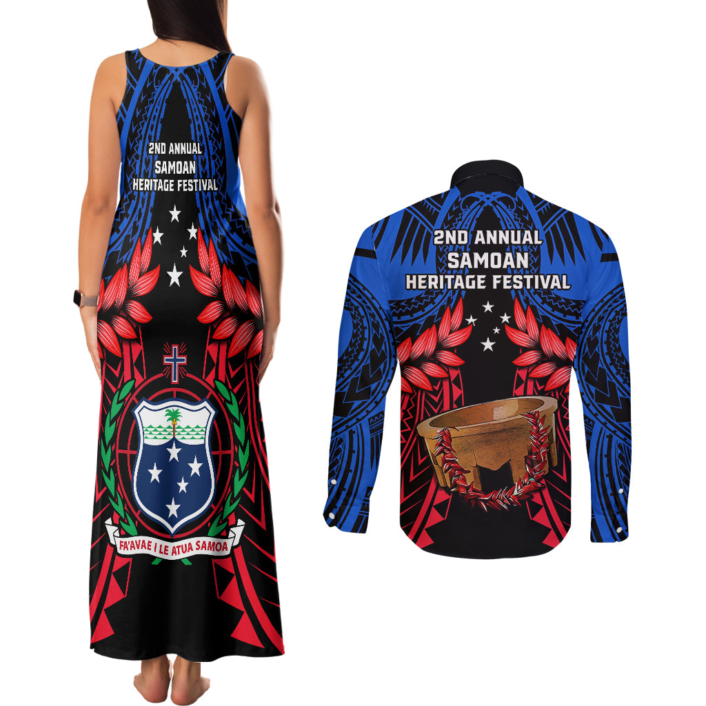 Samoa Couples Matching Tank Maxi Dress and Long Sleeve Button Shirts Heritage Festival Samoan Tattoo With Ula Fala Kava Bowl - Wonder Print Shop