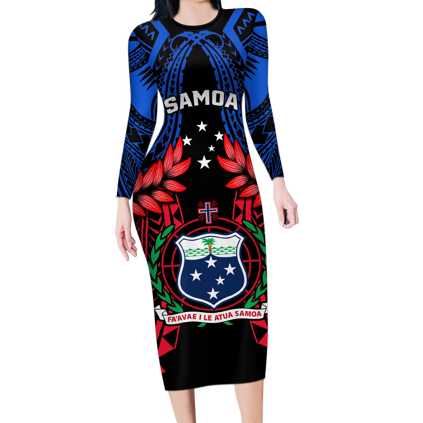 Samoa Long Sleeve Bodycon Dress Heritage Festival Samoan Tattoo With Ula Fala Kava Bowl - Wonder Print Shop