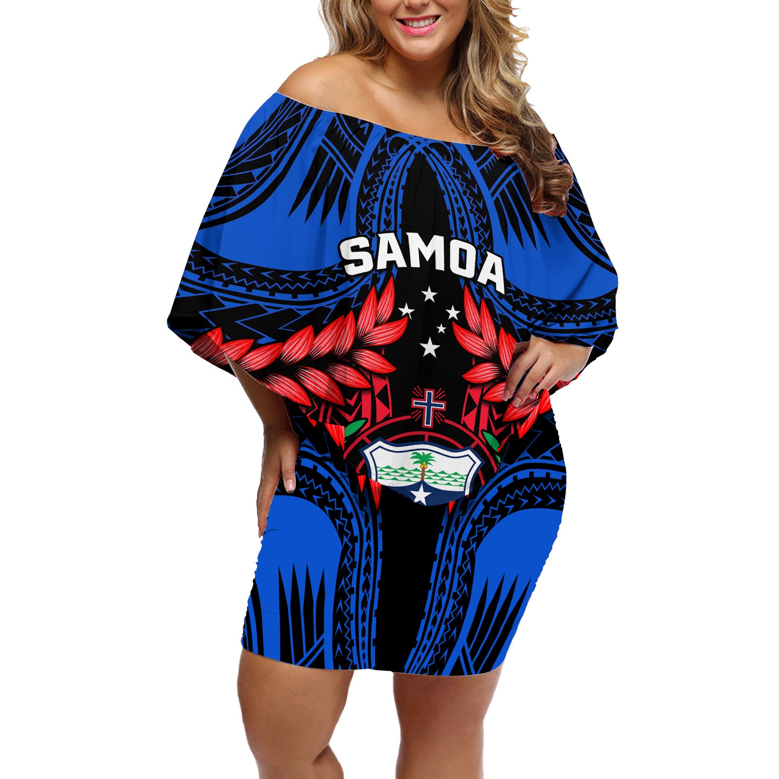 Samoa Off Shoulder Short Dress Heritage Festival Samoan Tattoo With Ula Fala Kava Bowl - Wonder Print Shop