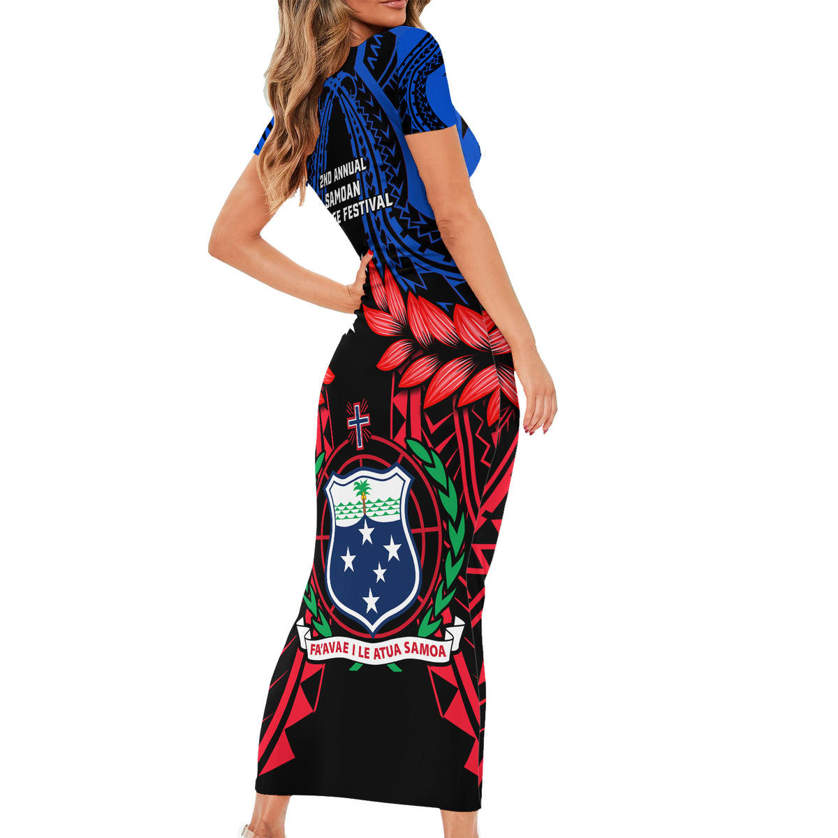 Samoa Short Sleeve Bodycon Dress Heritage Festival Samoan Tattoo With Ula Fala Kava Bowl - Wonder Print Shop