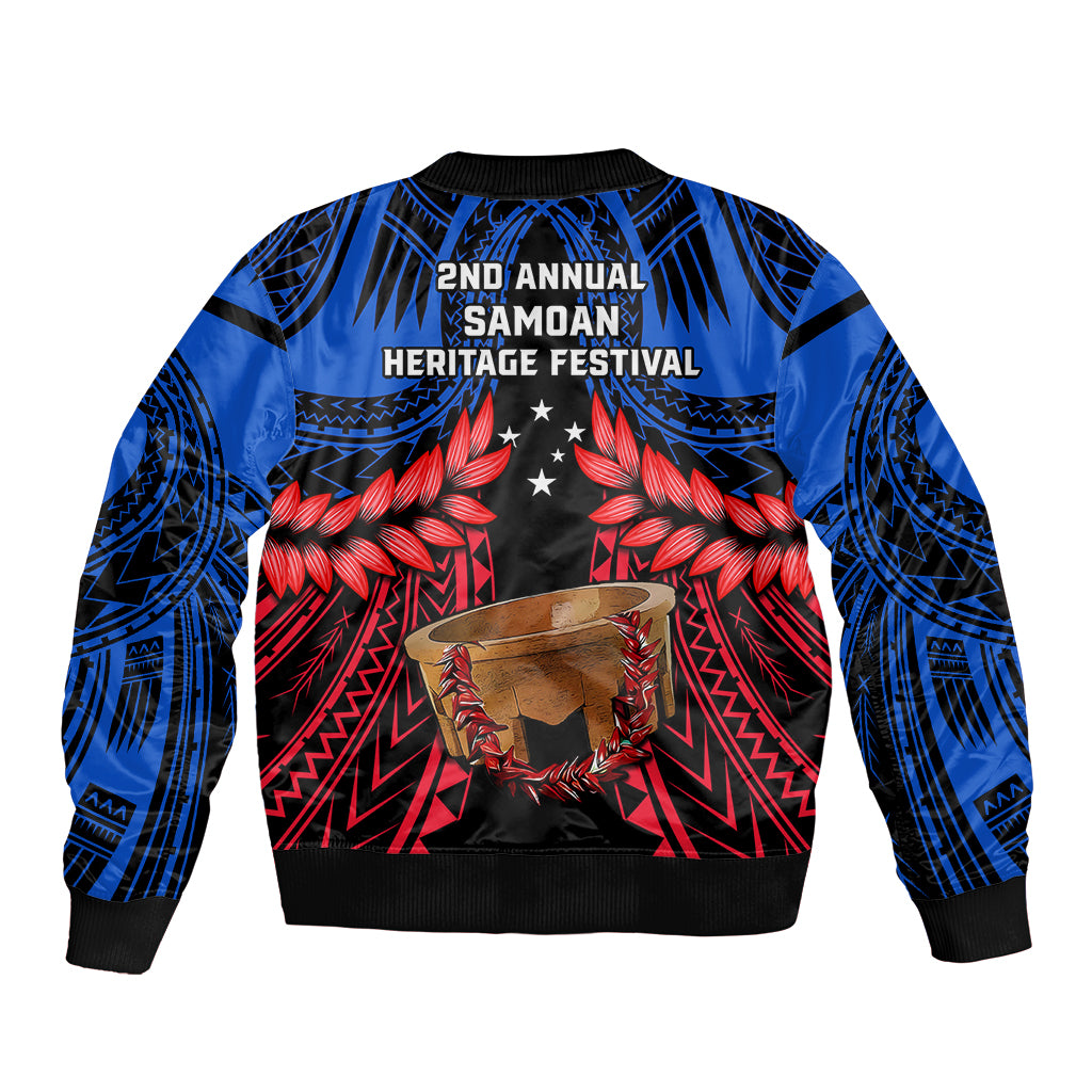 Samoa Sleeve Zip Bomber Jacket Heritage Festival Samoan Tattoo With Ula Fala Kava Bowl - Wonder Print Shop