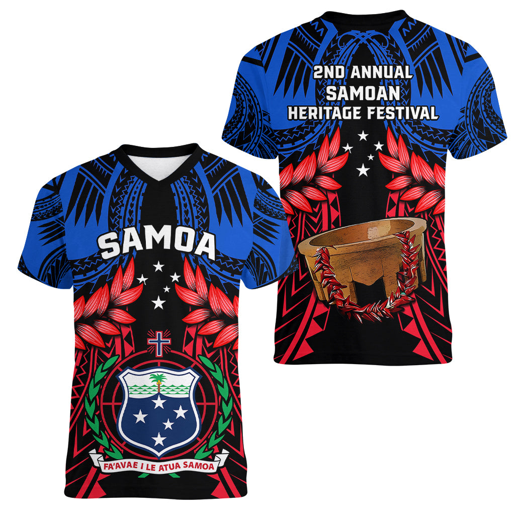 Samoa Women V Neck T Shirt Heritage Festival Samoan Tattoo With Ula Fala Kava Bowl - Wonder Print Shop