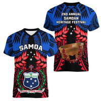 Samoa Women V Neck T Shirt Heritage Festival Samoan Tattoo With Ula Fala Kava Bowl - Wonder Print Shop