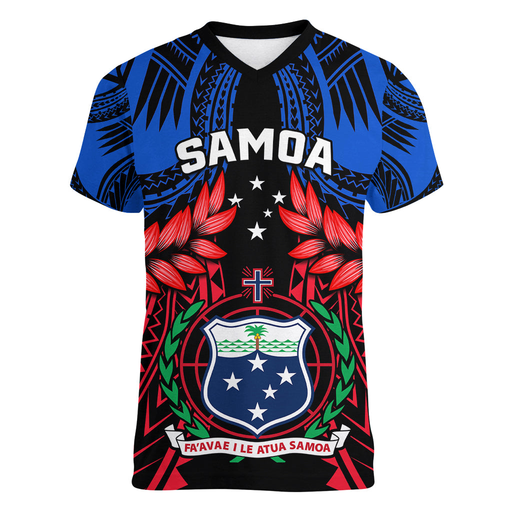 Personalised Samoa Women V Neck T Shirt Heritage Festival Samoan Tattoo With Ula Fala Kava Bowl - Wonder Print Shop