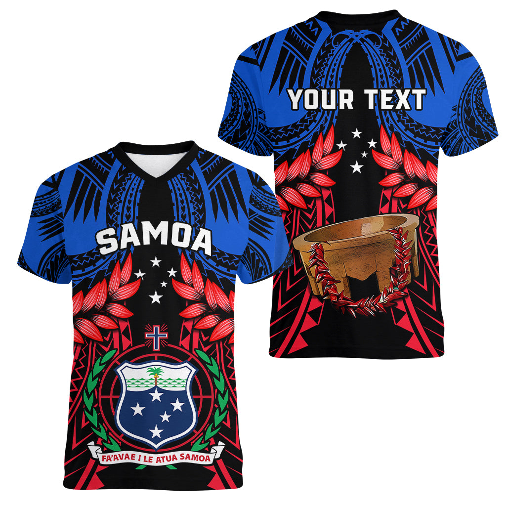 Personalised Samoa Women V Neck T Shirt Heritage Festival Samoan Tattoo With Ula Fala Kava Bowl - Wonder Print Shop