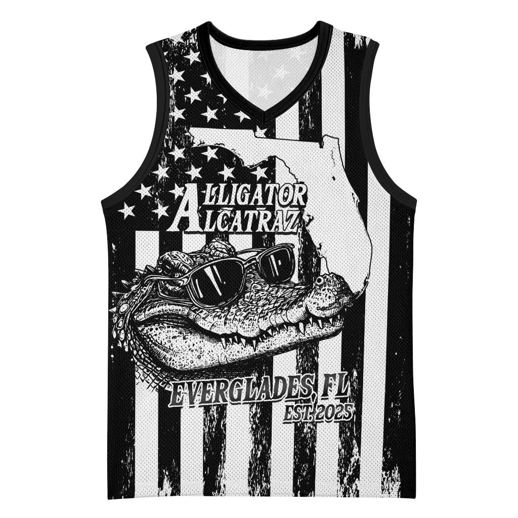 Alligator Alcatraz Basketball Jersey Cool Gator Everglades USA Grunge Flag - Wonder Print Shop
