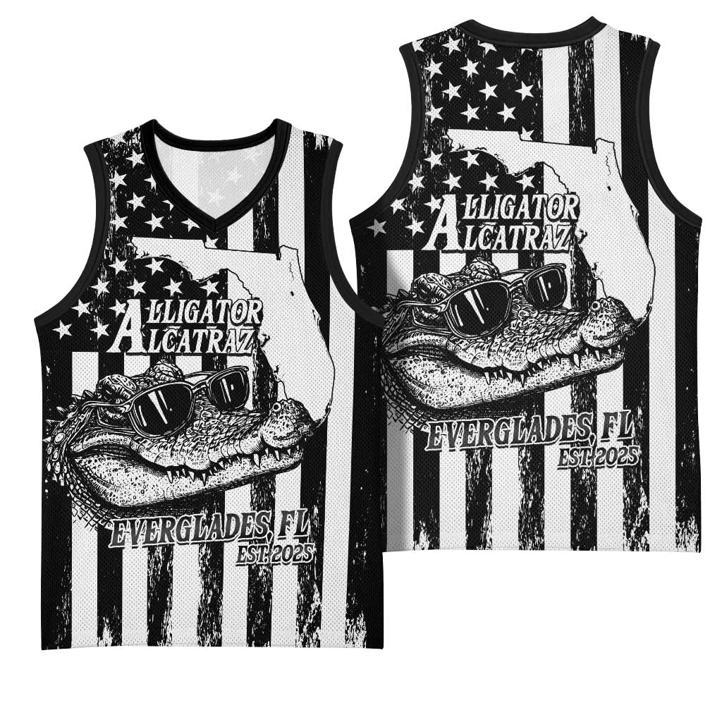 Alligator Alcatraz Basketball Jersey Cool Gator Everglades USA Grunge Flag - Wonder Print Shop