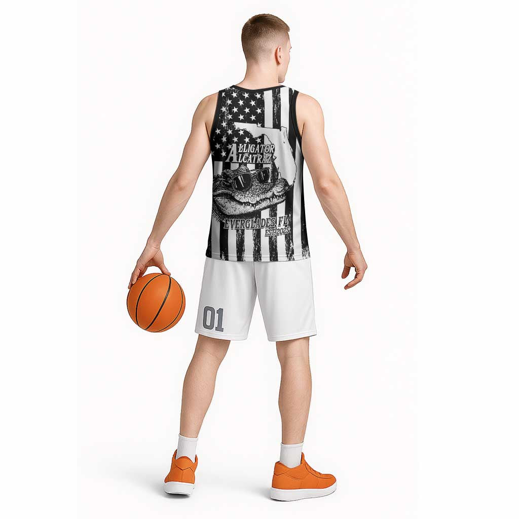 Alligator Alcatraz Basketball Jersey Cool Gator Everglades USA Grunge Flag - Wonder Print Shop