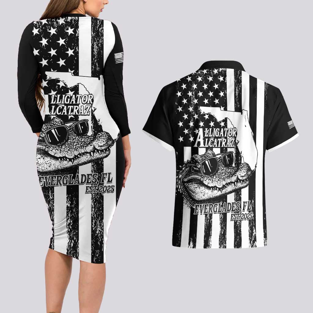 Alligator Alcatraz Couples Matching Long Sleeve Bodycon Dress and Hawaiian Shirt Cool Gator Everglades USA Grunge Flag - Wonder Print Shop