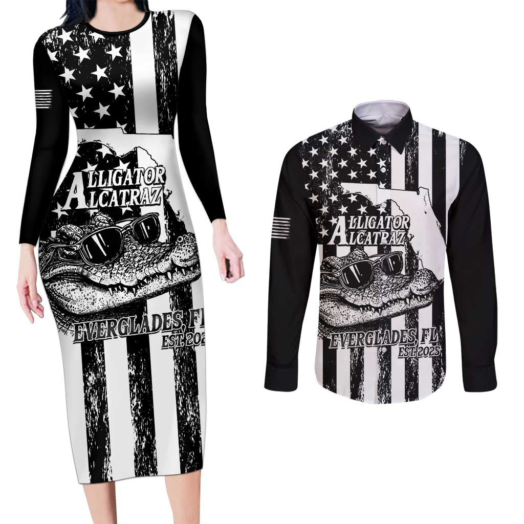 Alligator Alcatraz Couples Matching Long Sleeve Bodycon Dress and Long Sleeve Button Shirt Cool Gator Everglades USA Grunge Flag - Wonder Print Shop
