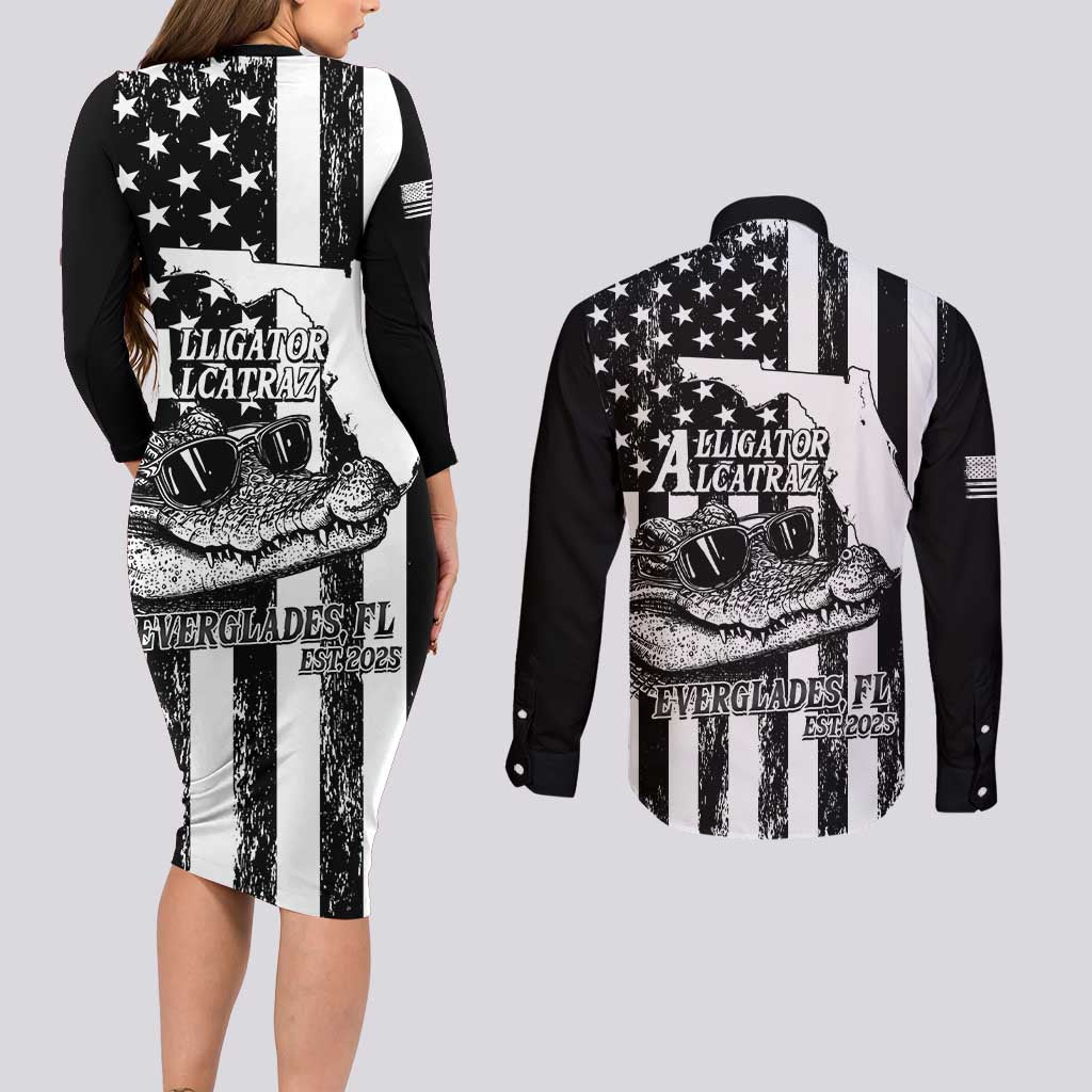 Alligator Alcatraz Couples Matching Long Sleeve Bodycon Dress and Long Sleeve Button Shirt Cool Gator Everglades USA Grunge Flag - Wonder Print Shop