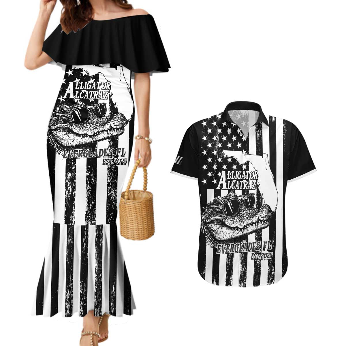 Alligator Alcatraz Couples Matching Mermaid Dress and Hawaiian Shirt Cool Gator Everglades USA Grunge Flag - Wonder Print Shop