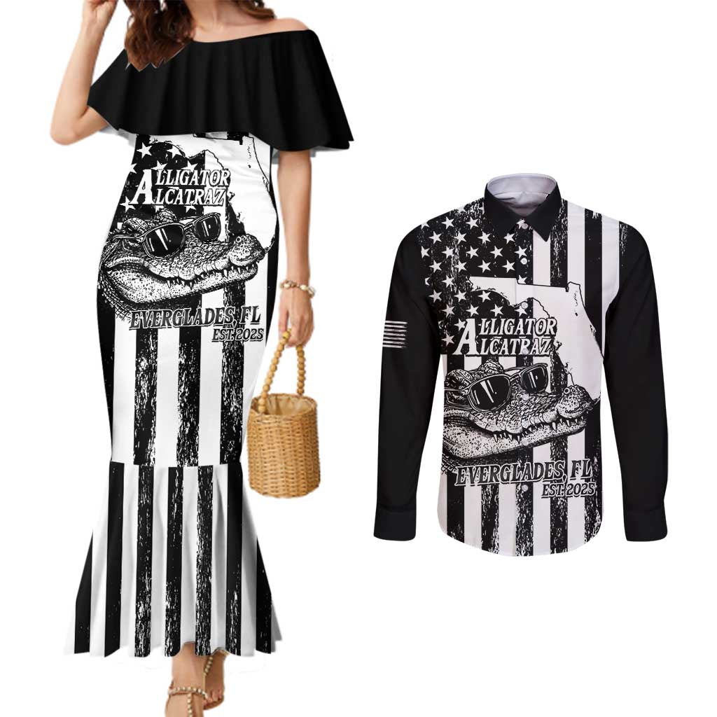 Alligator Alcatraz Couples Matching Mermaid Dress and Long Sleeve Button Shirt Cool Gator Everglades USA Grunge Flag - Wonder Print Shop