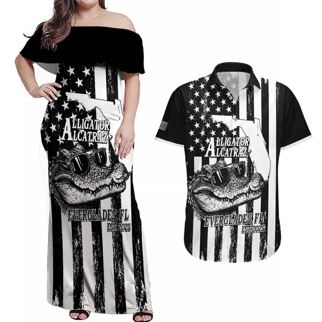 Alligator Alcatraz Couples Matching Off Shoulder Maxi Dress and Hawaiian Shirt Cool Gator Everglades USA Grunge Flag - Wonder Print Shop