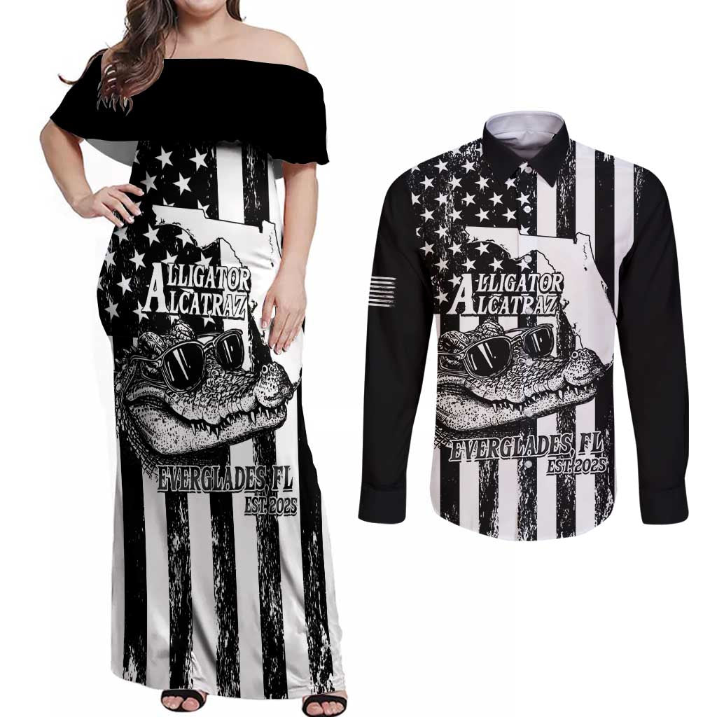 Alligator Alcatraz Couples Matching Off Shoulder Maxi Dress and Long Sleeve Button Shirt Cool Gator Everglades USA Grunge Flag - Wonder Print Shop
