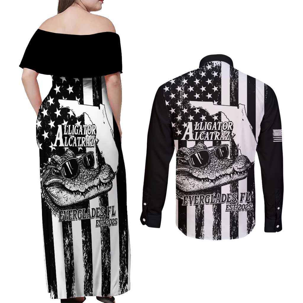 Alligator Alcatraz Couples Matching Off Shoulder Maxi Dress and Long Sleeve Button Shirt Cool Gator Everglades USA Grunge Flag - Wonder Print Shop
