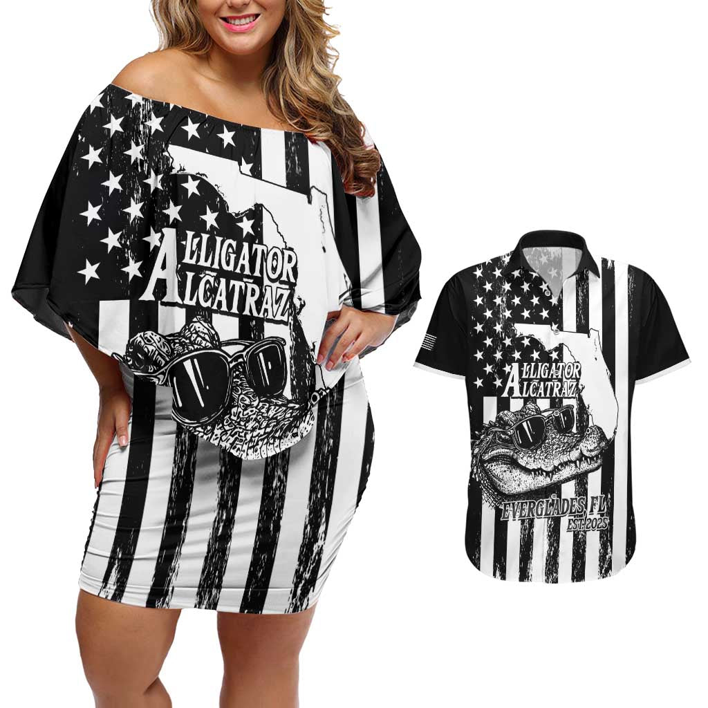 Alligator Alcatraz Couples Matching Off Shoulder Short Dress and Hawaiian Shirt Cool Gator Everglades USA Grunge Flag - Wonder Print Shop