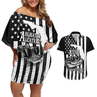 Alligator Alcatraz Couples Matching Off Shoulder Short Dress and Hawaiian Shirt Cool Gator Everglades USA Grunge Flag - Wonder Print Shop