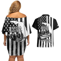Alligator Alcatraz Couples Matching Off Shoulder Short Dress and Hawaiian Shirt Cool Gator Everglades USA Grunge Flag - Wonder Print Shop
