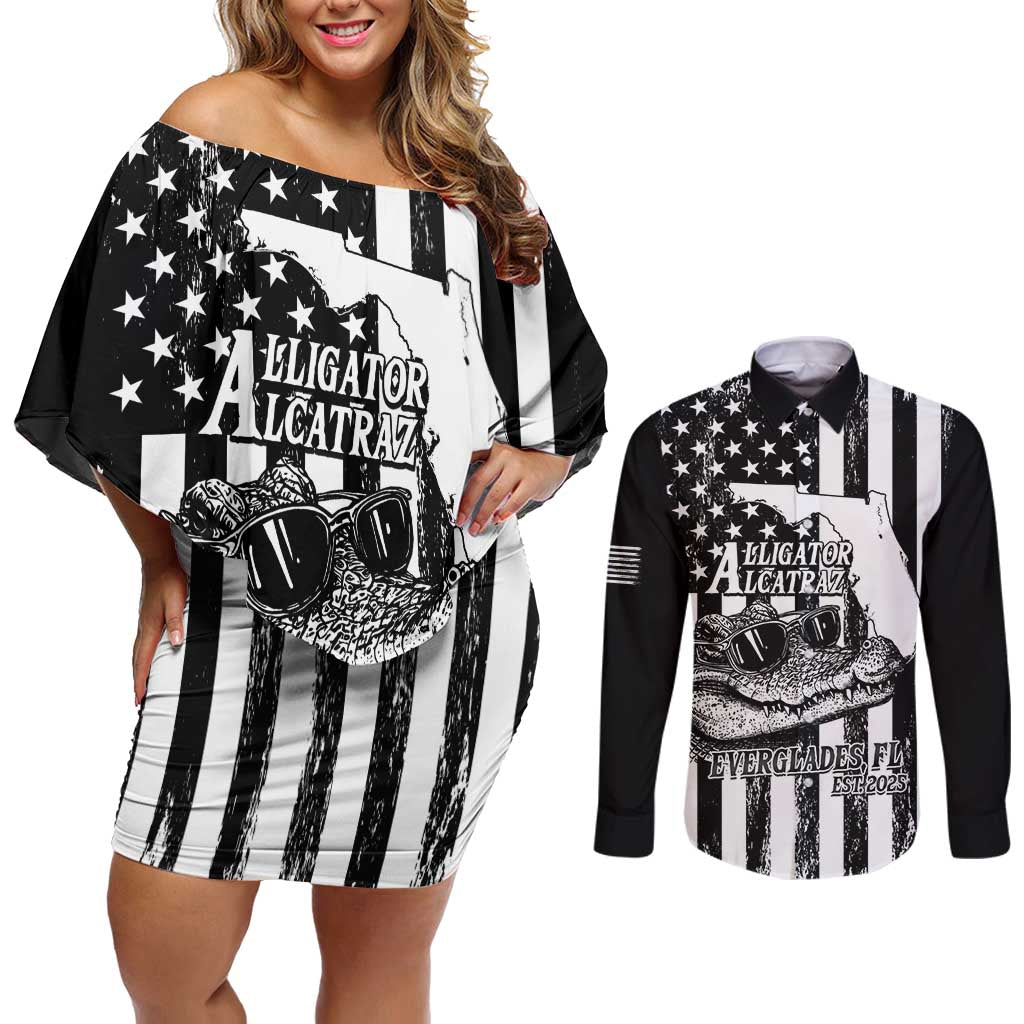 Alligator Alcatraz Couples Matching Off Shoulder Short Dress and Long Sleeve Button Shirt Cool Gator Everglades USA Grunge Flag - Wonder Print Shop