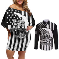 Alligator Alcatraz Couples Matching Off Shoulder Short Dress and Long Sleeve Button Shirt Cool Gator Everglades USA Grunge Flag - Wonder Print Shop