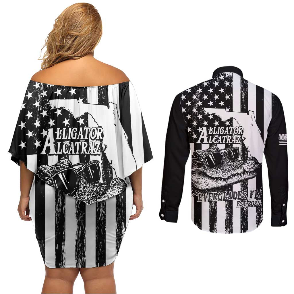 Alligator Alcatraz Couples Matching Off Shoulder Short Dress and Long Sleeve Button Shirt Cool Gator Everglades USA Grunge Flag - Wonder Print Shop