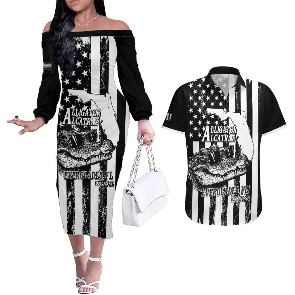 Alligator Alcatraz Couples Matching Off The Shoulder Long Sleeve Dress and Hawaiian Shirt Cool Gator Everglades USA Grunge Flag - Wonder Print Shop