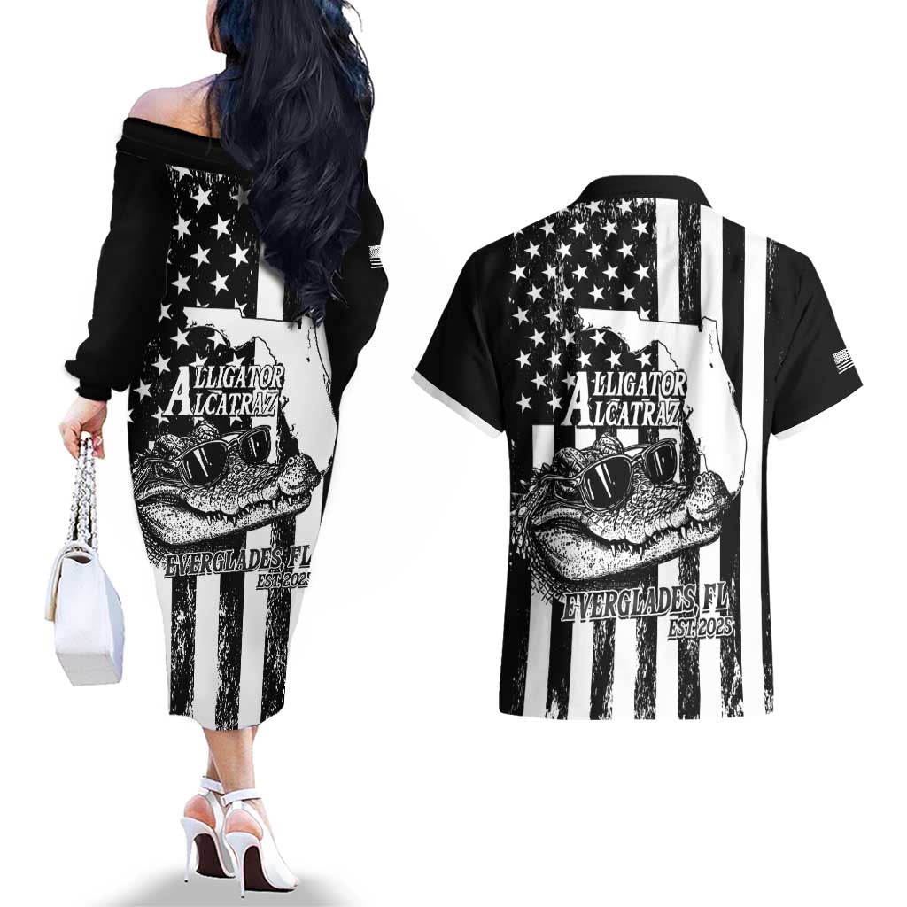 Alligator Alcatraz Couples Matching Off The Shoulder Long Sleeve Dress and Hawaiian Shirt Cool Gator Everglades USA Grunge Flag - Wonder Print Shop