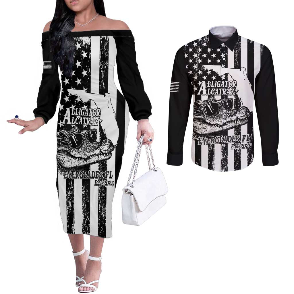 Alligator Alcatraz Couples Matching Off The Shoulder Long Sleeve Dress and Long Sleeve Button Shirt Cool Gator Everglades USA Grunge Flag - Wonder Print Shop