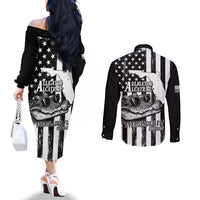 Alligator Alcatraz Couples Matching Off The Shoulder Long Sleeve Dress and Long Sleeve Button Shirt Cool Gator Everglades USA Grunge Flag - Wonder Print Shop