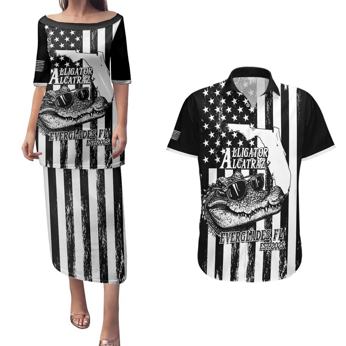 Alligator Alcatraz Couples Matching Puletasi and Hawaiian Shirt Cool Gator Everglades USA Grunge Flag - Wonder Print Shop