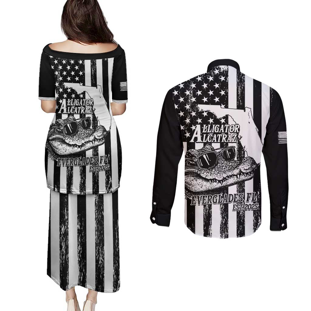Alligator Alcatraz Couples Matching Puletasi and Long Sleeve Button Shirt Cool Gator Everglades USA Grunge Flag - Wonder Print Shop