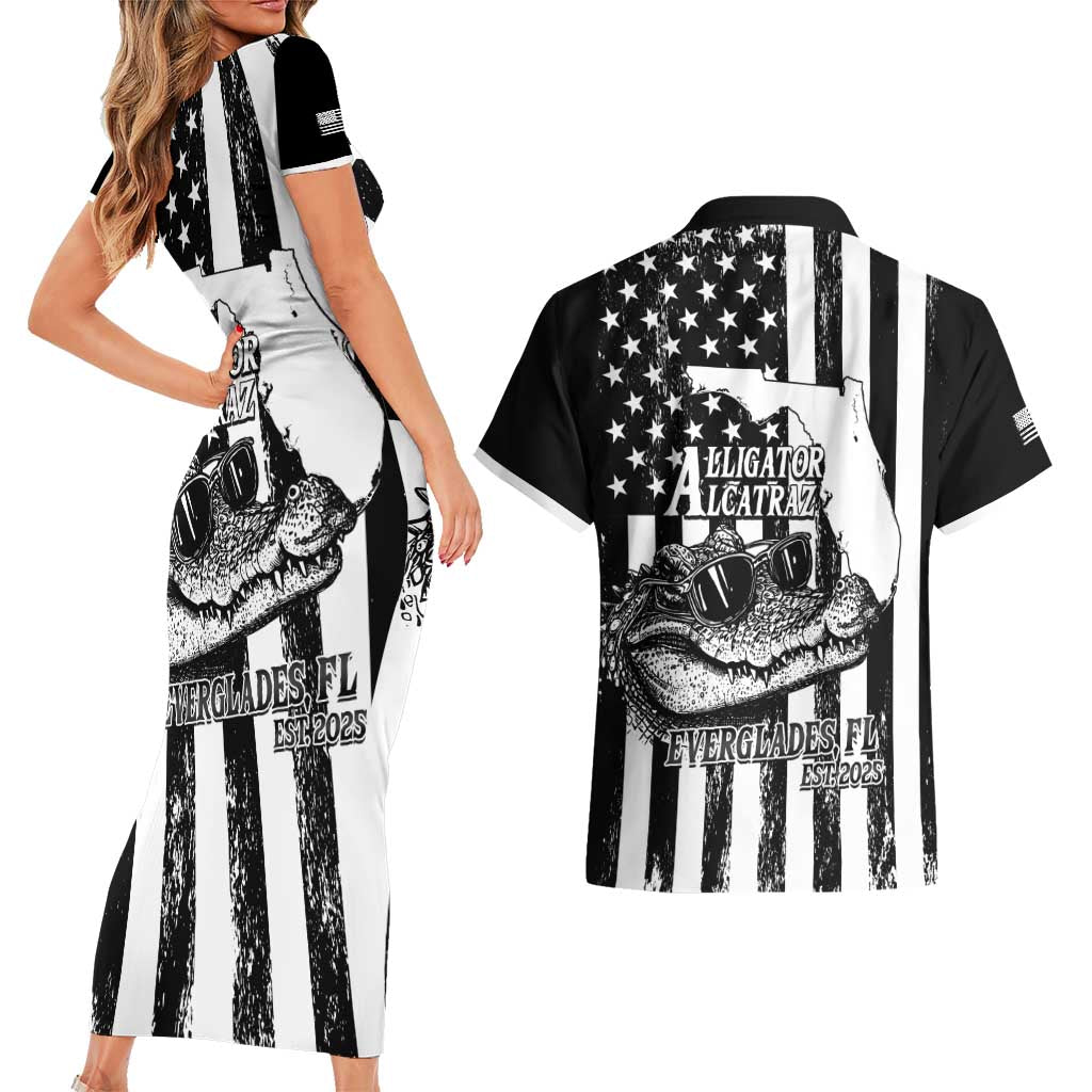 Alligator Alcatraz Couples Matching Short Sleeve Bodycon Dress and Hawaiian Shirt Cool Gator Everglades USA Grunge Flag - Wonder Print Shop