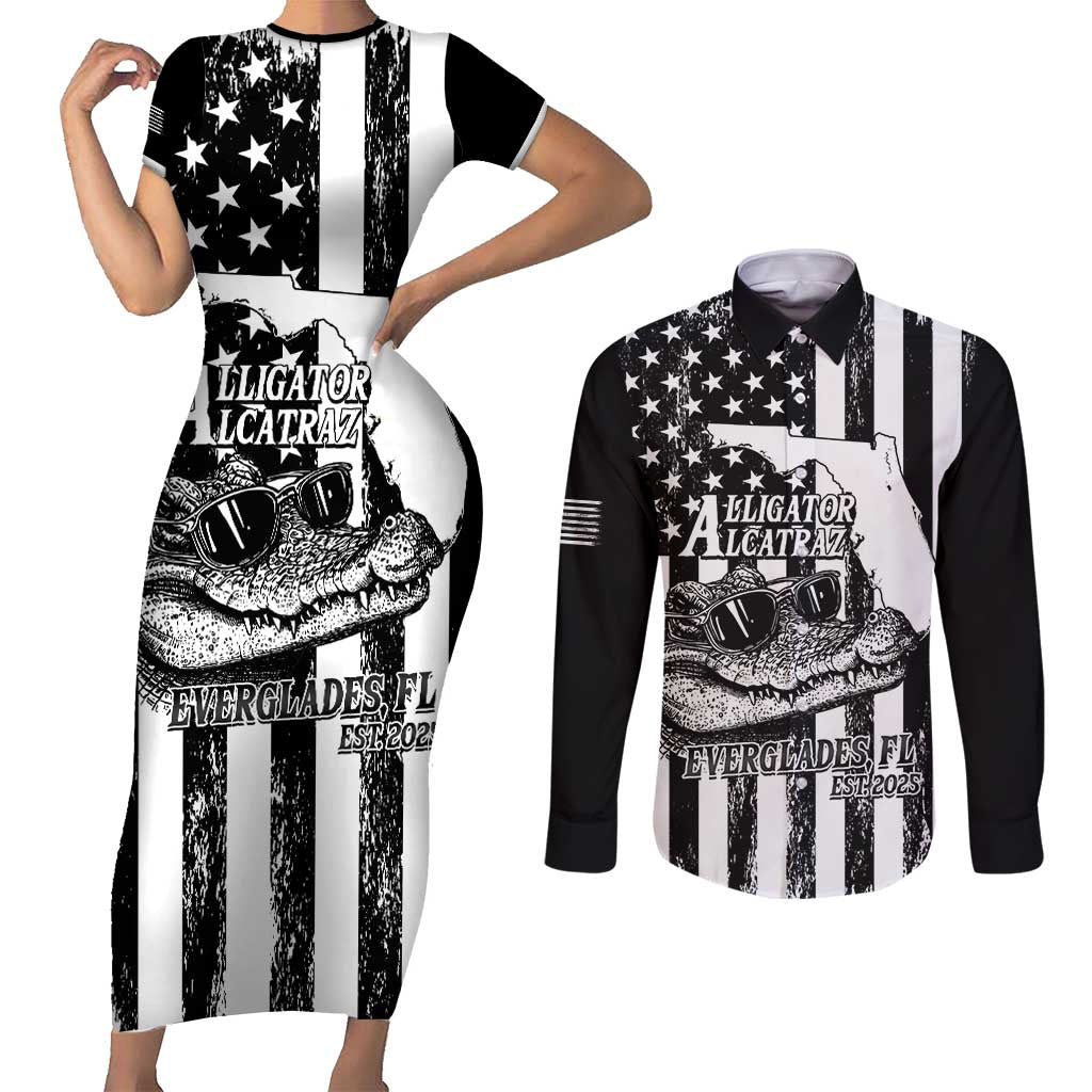 Alligator Alcatraz Couples Matching Short Sleeve Bodycon Dress and Long Sleeve Button Shirt Cool Gator Everglades USA Grunge Flag - Wonder Print Shop