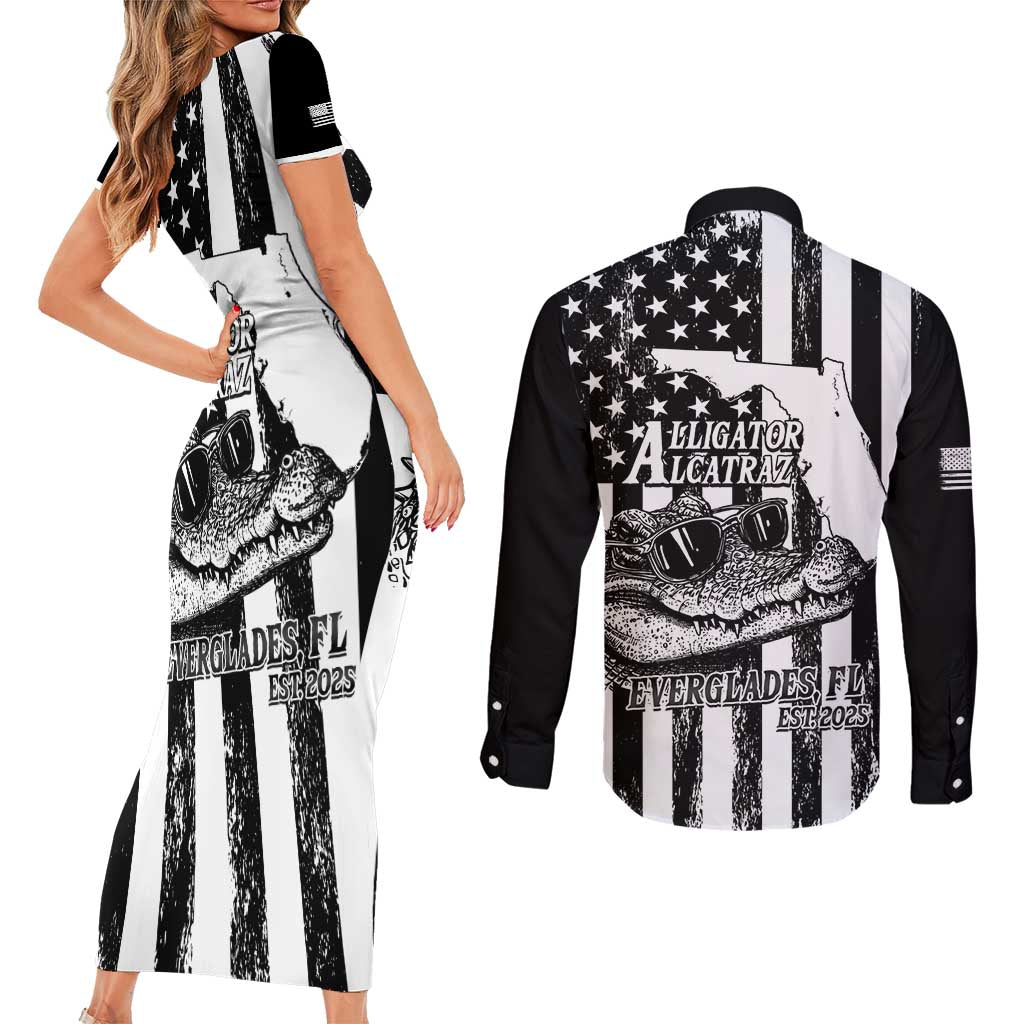 Alligator Alcatraz Couples Matching Short Sleeve Bodycon Dress and Long Sleeve Button Shirt Cool Gator Everglades USA Grunge Flag - Wonder Print Shop