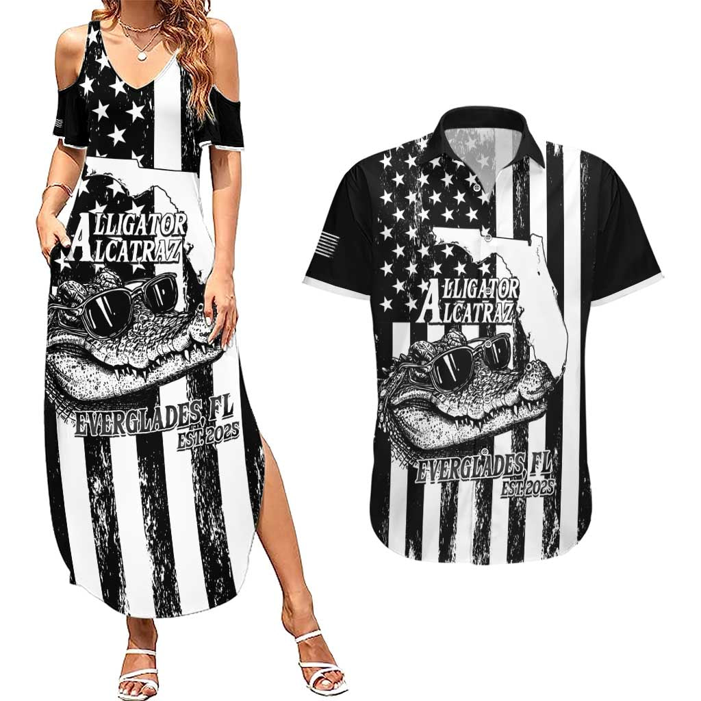 Alligator Alcatraz Couples Matching Summer Maxi Dress and Hawaiian Shirt Cool Gator Everglades USA Grunge Flag - Wonder Print Shop