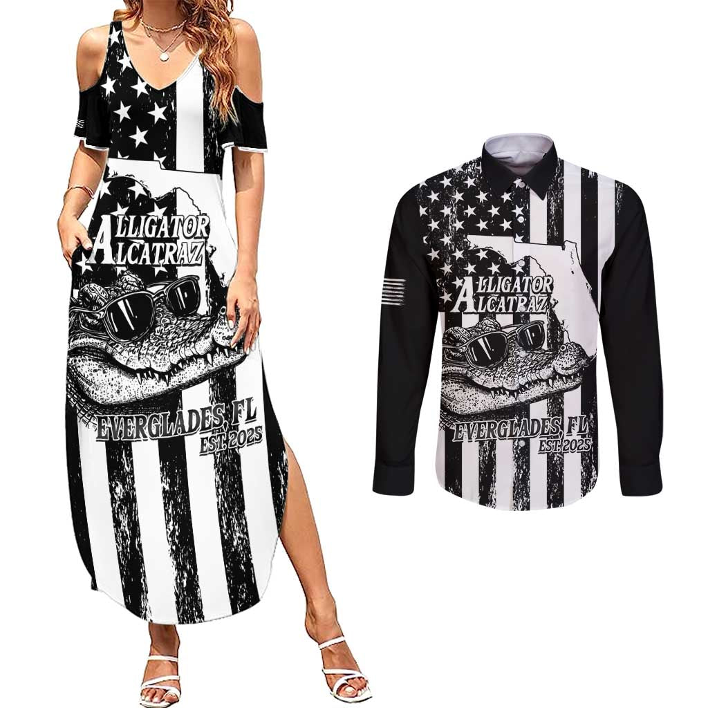 Alligator Alcatraz Couples Matching Summer Maxi Dress and Long Sleeve Button Shirt Cool Gator Everglades USA Grunge Flag - Wonder Print Shop