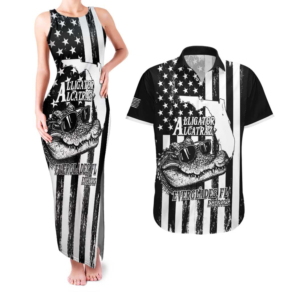 Alligator Alcatraz Couples Matching Tank Maxi Dress and Hawaiian Shirt Cool Gator Everglades USA Grunge Flag - Wonder Print Shop