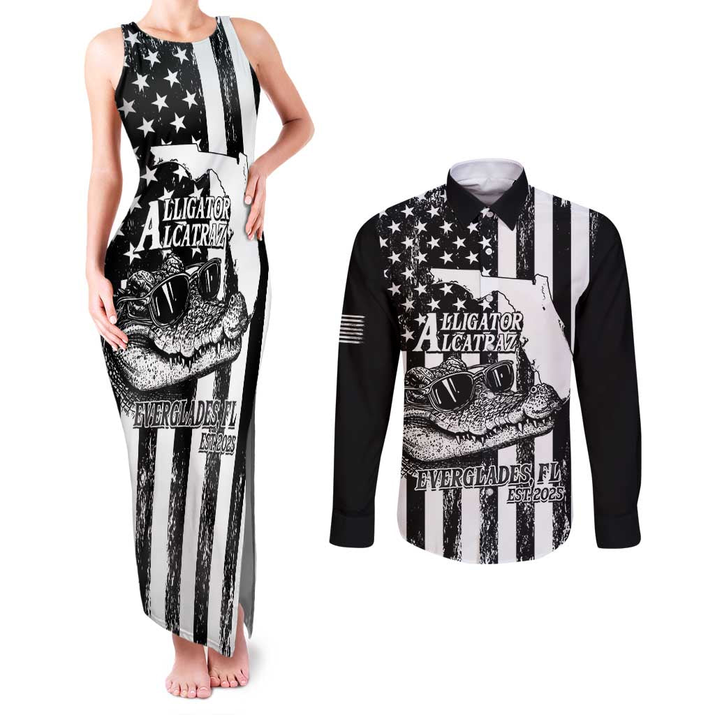 Alligator Alcatraz Couples Matching Tank Maxi Dress and Long Sleeve Button Shirt Cool Gator Everglades USA Grunge Flag - Wonder Print Shop