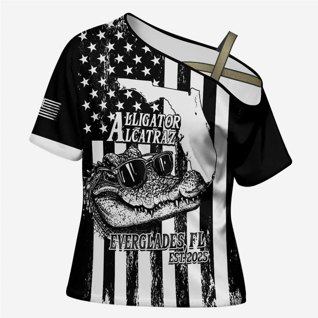 Alligator Alcatraz Cross Shoulder Shirt Cool Gator Everglades USA Grunge Flag - Wonder Print Shop