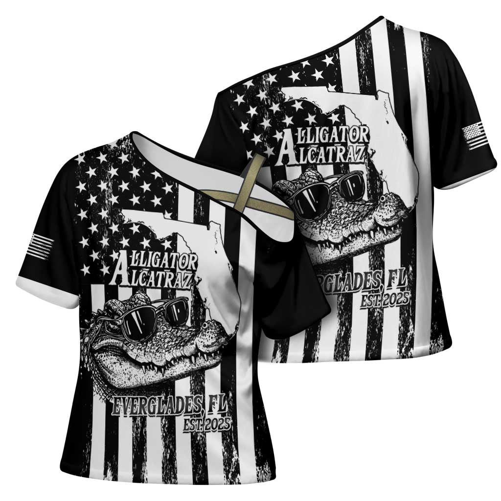 Alligator Alcatraz Cross Shoulder Shirt Cool Gator Everglades USA Grunge Flag - Wonder Print Shop