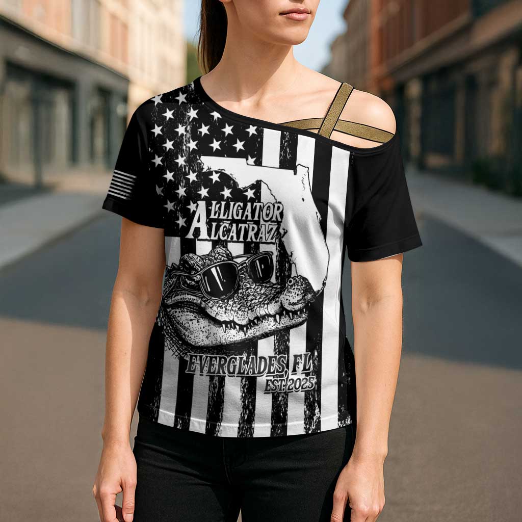 Alligator Alcatraz Cross Shoulder Shirt Cool Gator Everglades USA Grunge Flag - Wonder Print Shop