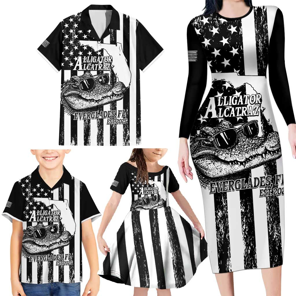 Alligator Alcatraz Family Matching Long Sleeve Bodycon Dress and Hawaiian Shirt Cool Gator Everglades USA Grunge Flag - Wonder Print Shop