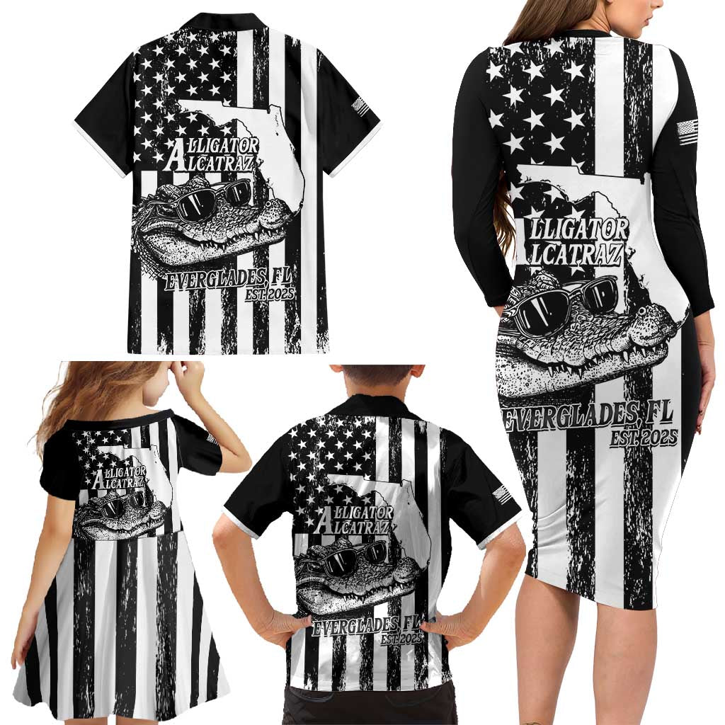 Alligator Alcatraz Family Matching Long Sleeve Bodycon Dress and Hawaiian Shirt Cool Gator Everglades USA Grunge Flag - Wonder Print Shop