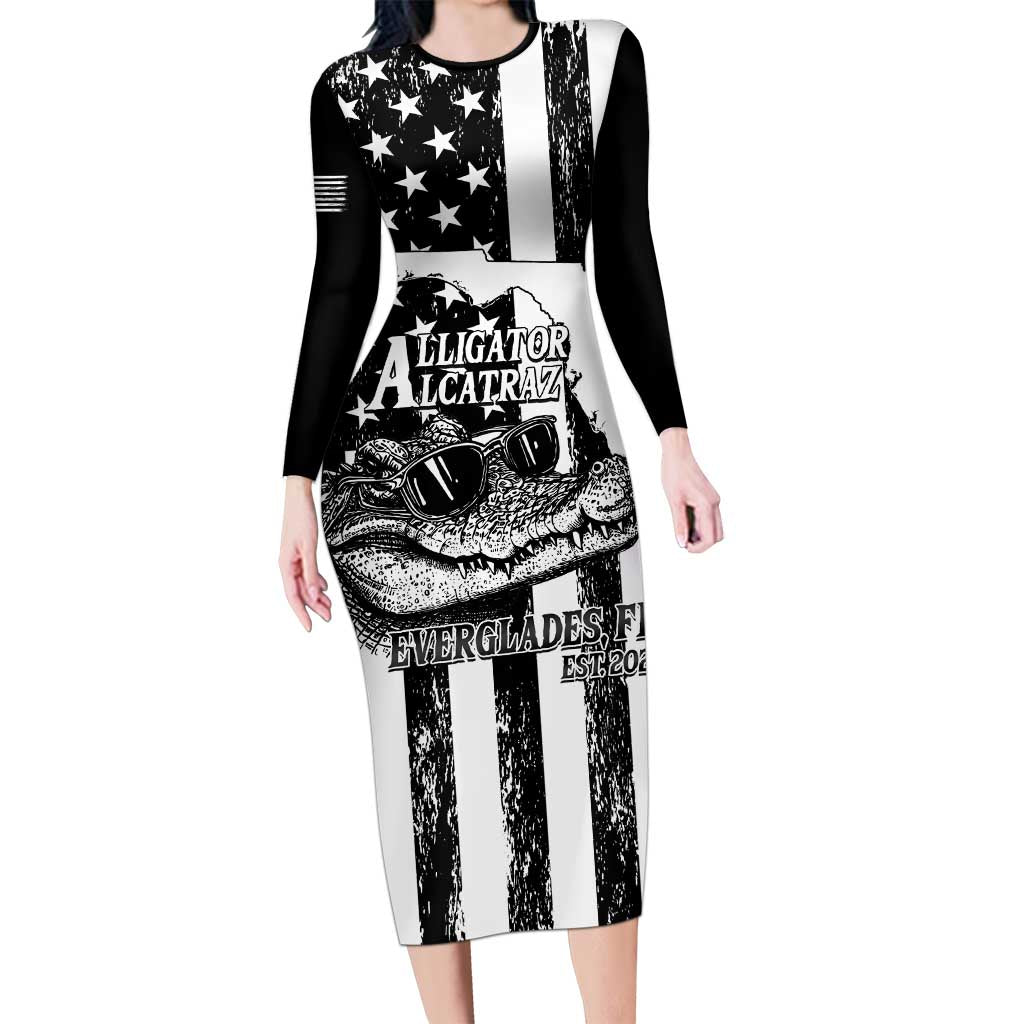 Alligator Alcatraz Family Matching Long Sleeve Bodycon Dress and Hawaiian Shirt Cool Gator Everglades USA Grunge Flag - Wonder Print Shop