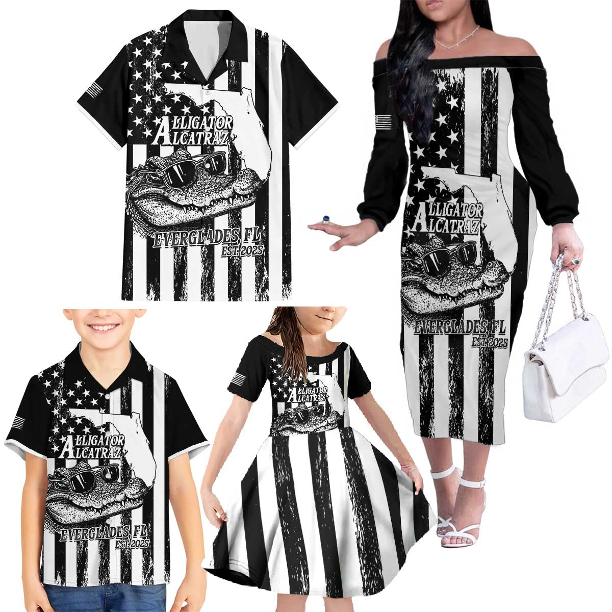 Alligator Alcatraz Family Matching Off The Shoulder Long Sleeve Dress and Hawaiian Shirt Cool Gator Everglades USA Grunge Flag - Wonder Print Shop