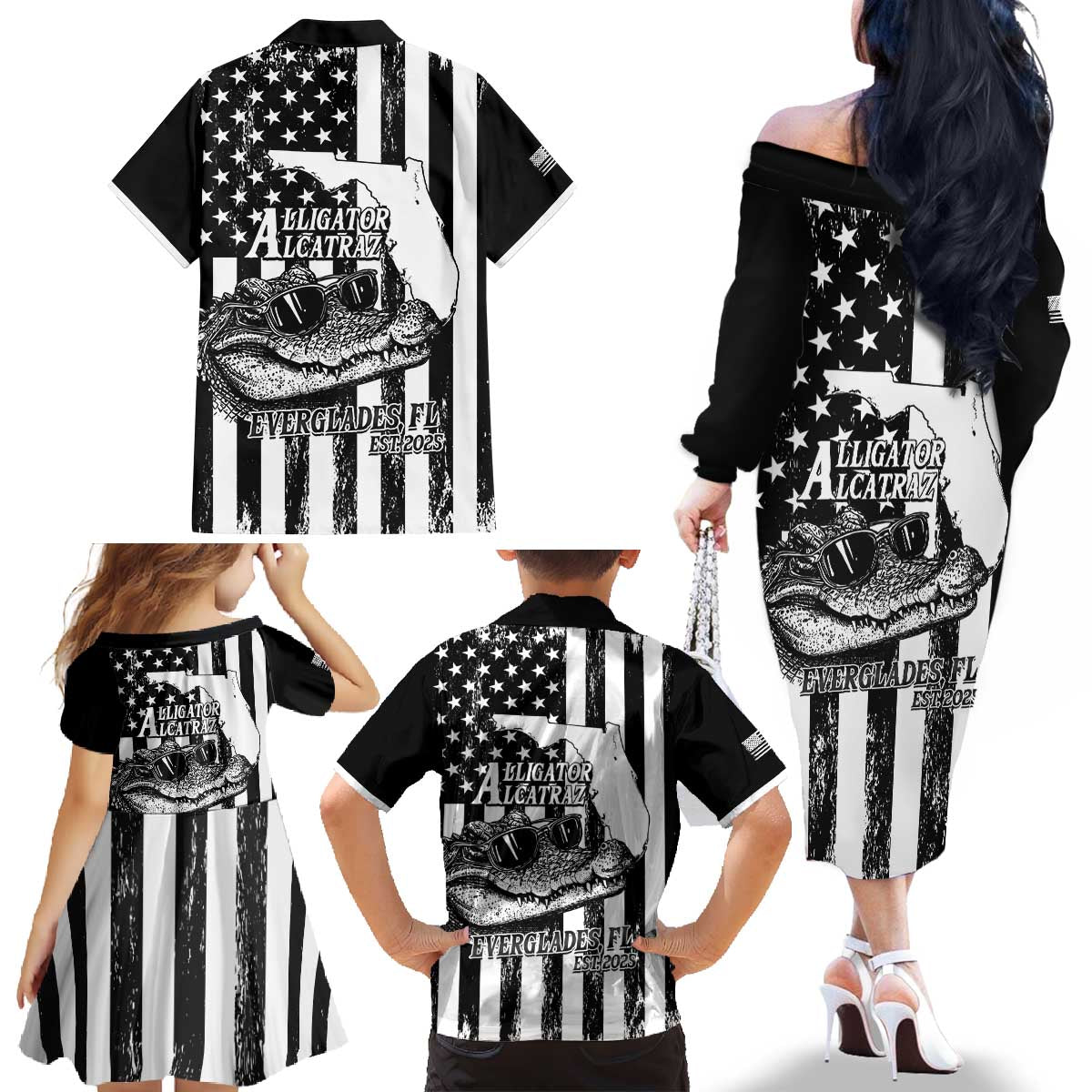 Alligator Alcatraz Family Matching Off The Shoulder Long Sleeve Dress and Hawaiian Shirt Cool Gator Everglades USA Grunge Flag - Wonder Print Shop